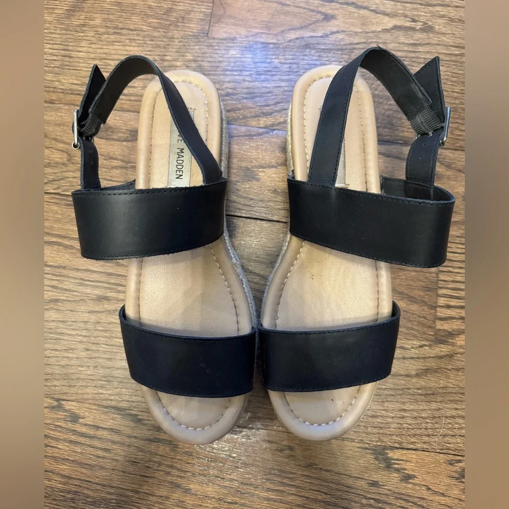Steve Madden Fifer Espadrille Platform Sandals Black Leather Size 9